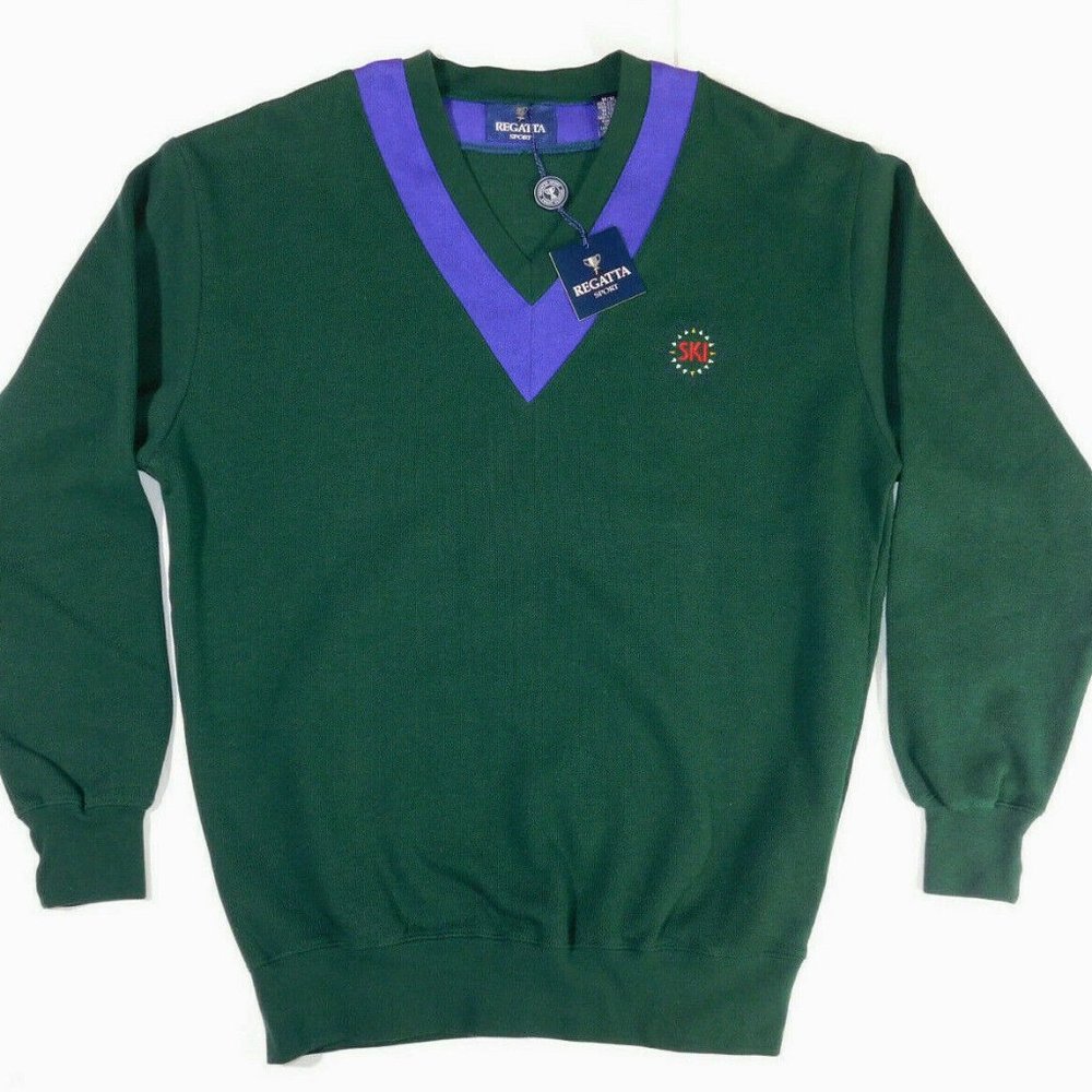 Vintage Unworn 1991 REGATTA SPORT Green Cotton V Neck SKI Sweater Shirt NWT M
